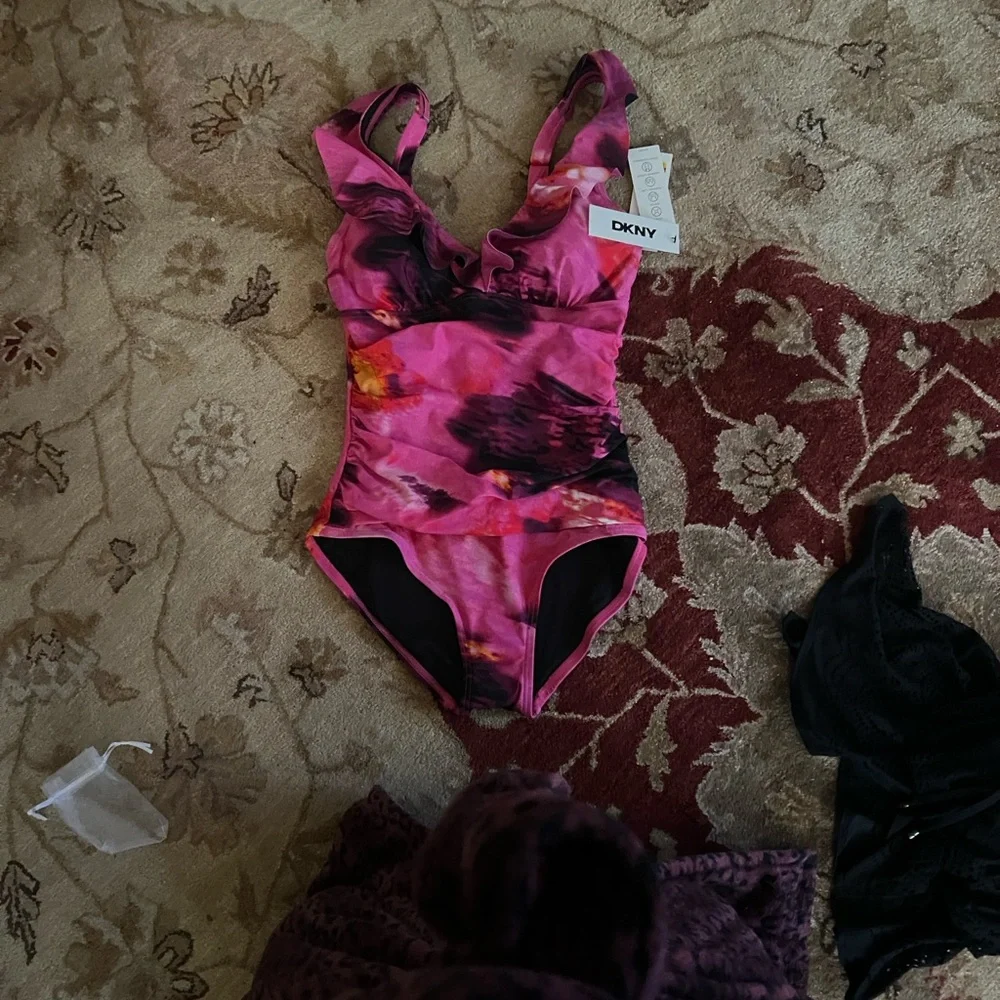 DKNY Vibrant Pink and Black One-Piece Swimsuit - Picture 2 of 7